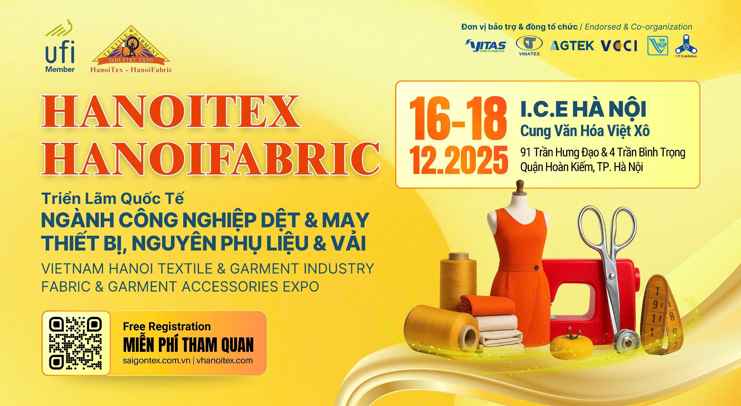 <span class="fw-bolder text-warning">HanoiTex & HanoiFabric 2025 </span> <BR/> TRIỂN LÃM QUỐC TẾ NGÀNH CÔNG NGHIỆP DỆT & MAY <BR/> THIẾT BỊ, NGUYÊN PHỤ LIỆU & VẢI 2025 (TẠI HÀ NỘI)