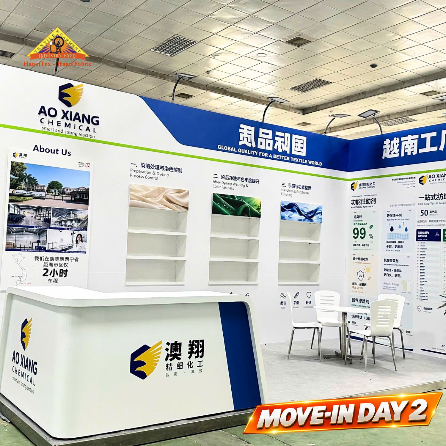 Gian hàng Ao Xiang Chemical hoàn tất bài trí không gian tiếp đón đối tác tại HanoiTex 2026