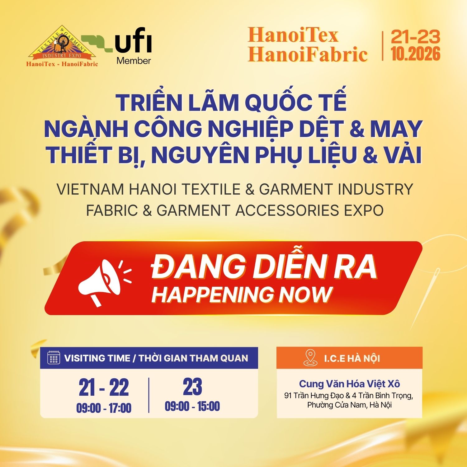 Triển lãm Quốc tế Ngành Công nghiệp Dệt & May – HanoiTex – HanoiFabric 2026 đang diễn ra tại I.C.E Hà Nội