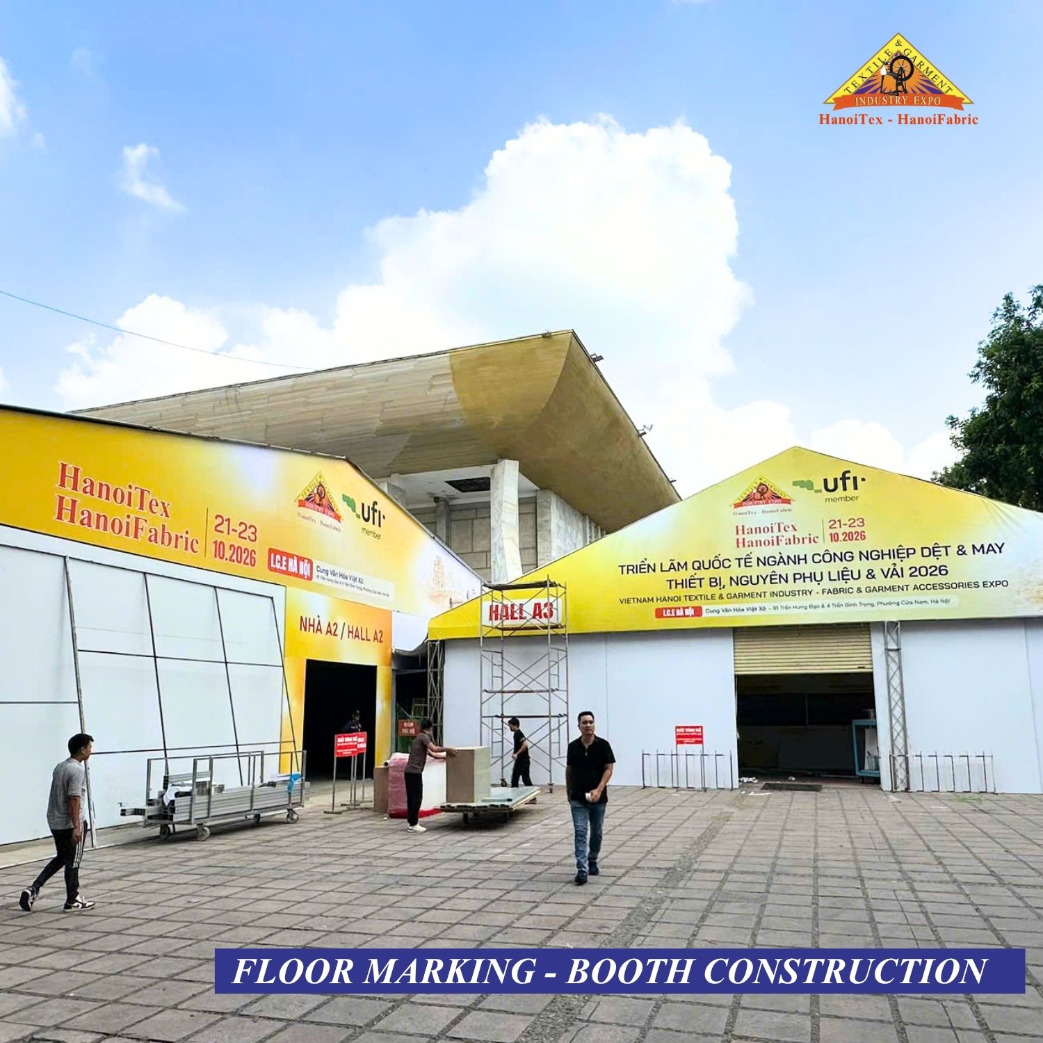 Khu vuc Nha A2 va Nha A3 HanoiTex HanoiFabric 2026 dang hoan thien lap dat