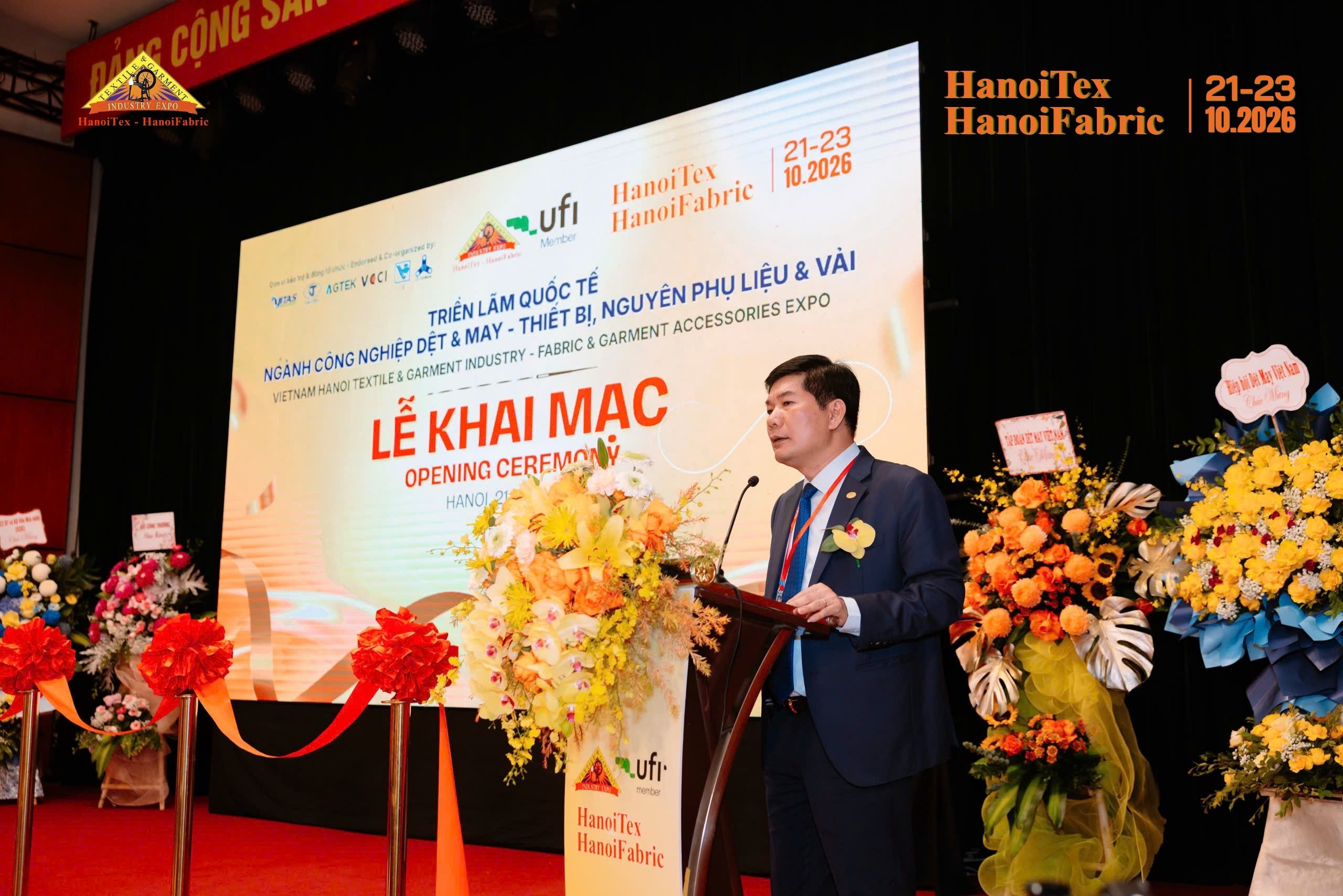 Ông Cao Hữu Hiếu - Tổng Giám đốc Tập đoàn Dệt May Việt Nam (VINATEX) phát biểu tại Lễ Khai mạc HanoiTex - HanoiFabric 2026
